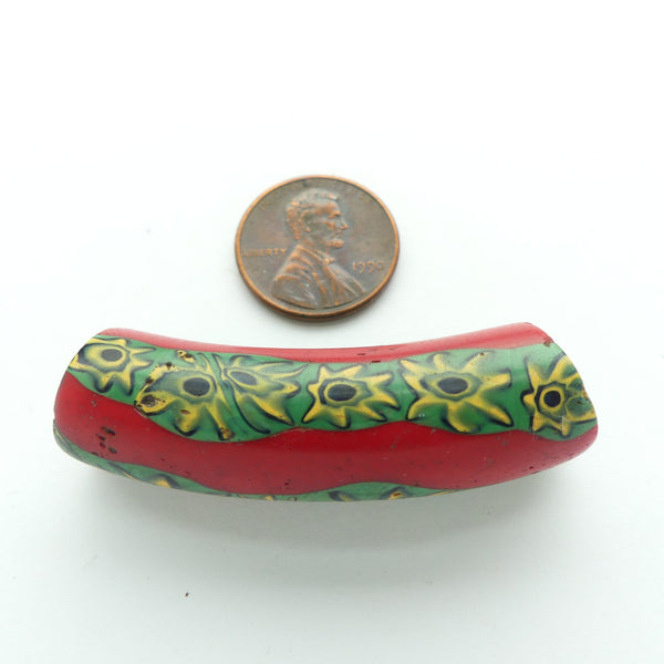 Millefiori Antique Venetian Trade Bead, Elbow Red with Green/Amber Fancy Stars, 50x15mm