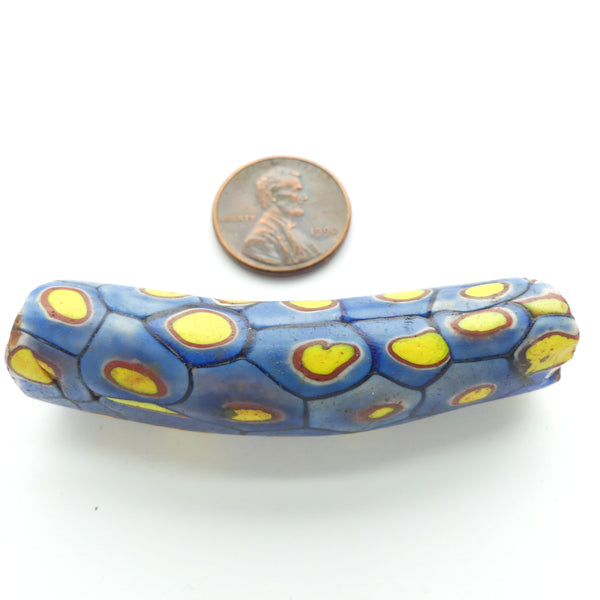 Millefiori Antique Venetian Trade Bead, Ex Large Elbow, Blue w/Yellow & Brick, 60x15mm