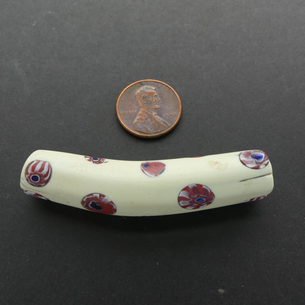 Millefiori Antique Venetian Trade Bead, Elbow, Cream with Bear Claw Murrine, 60x13mm