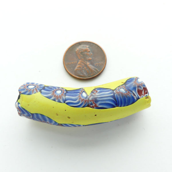 Millefiori Trade Bead, Elbow, Yellow with Classic Blue Chevrons, 47x14mm
