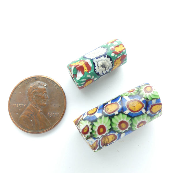Millefiori Antique Venetian Trade Beads, Green Chevron/Flowers w/ Multi, Set of 2 Beads