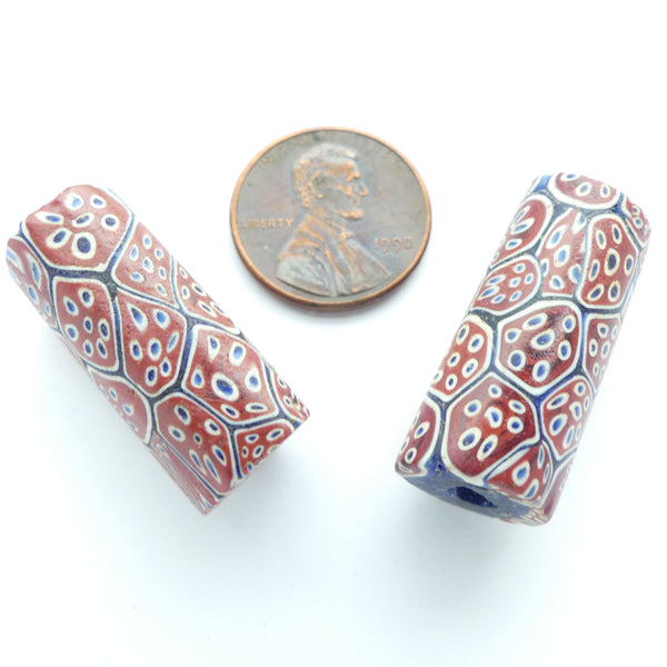 Millefoiori Antique Venetian Trade Beads, Complex Murrine in Brick w/ White & Blue, Set of 2