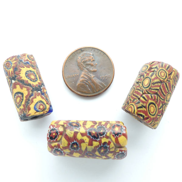 Millefiori Antique Venetian Trade Beads, 3 Variations on a Theme of Brick & Amber, Set of 3