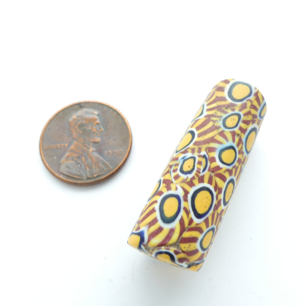 Millefiori Antique Venetian Trade Beads, Amber & Red Sunburst Pattern, 33x12mm