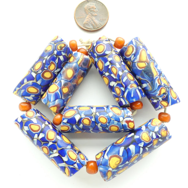 Millefiori Antique Venetian Trade Beads, Rich Royal Blue with Amber & Brick, 34x12mm, Sold Individually