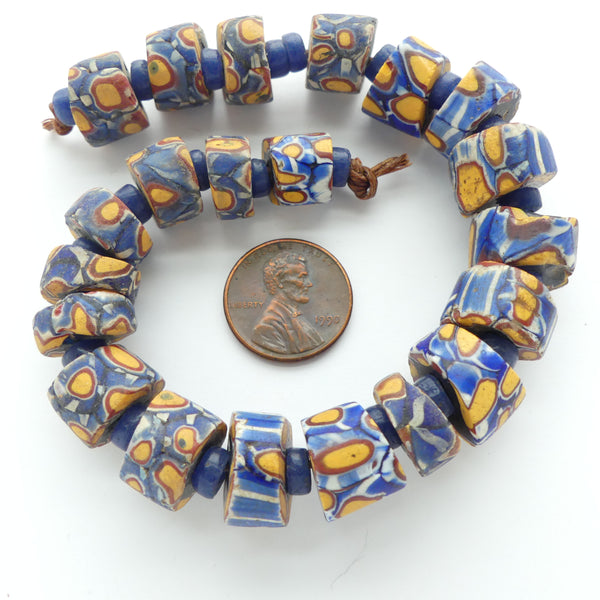 Millefiori, Antique Venetian Trade Bead, Slices Blue & Amber Set of 21 with spacers