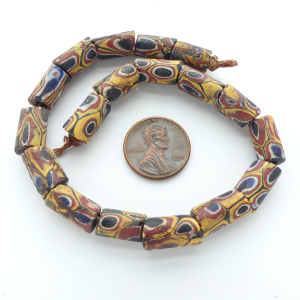 Millefiori Antique Venetian Trade Beads, Mini Classic Eye Pattern Blue, Amber, Brick, Set of 18
