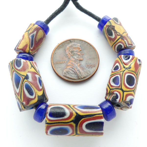 Millifiori Antique Venetian Trade Beads, Classic Colors, Smallest 10x7mm, Set of 5