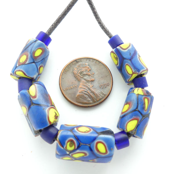 Millefiori Antique Venetian Trade Beads, Blue with Yellow, Set of 5 Small Beads
