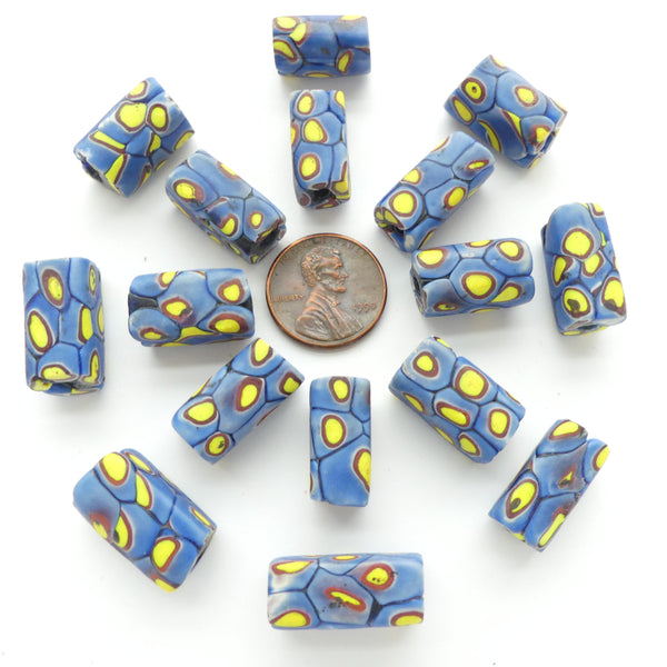 Millefiori Antique Venetian Trade Beads, Square Cross Section, Blue & Yellow, 17x10mm, Sold Individually