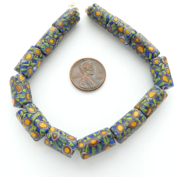 Millefiori Antique Venetian Trade Beads, Small Green with Amber, 15x9mm, Sold Individually