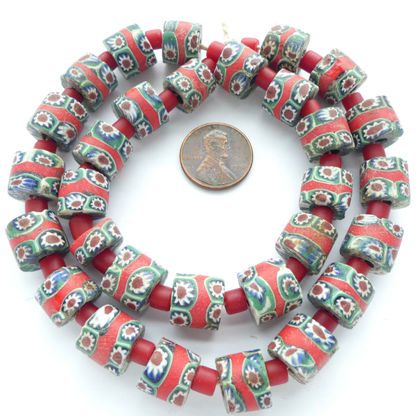 Millefiori Antique Venetian Trade Beads, Short Cylinders Flowers with Red, Sold Individually