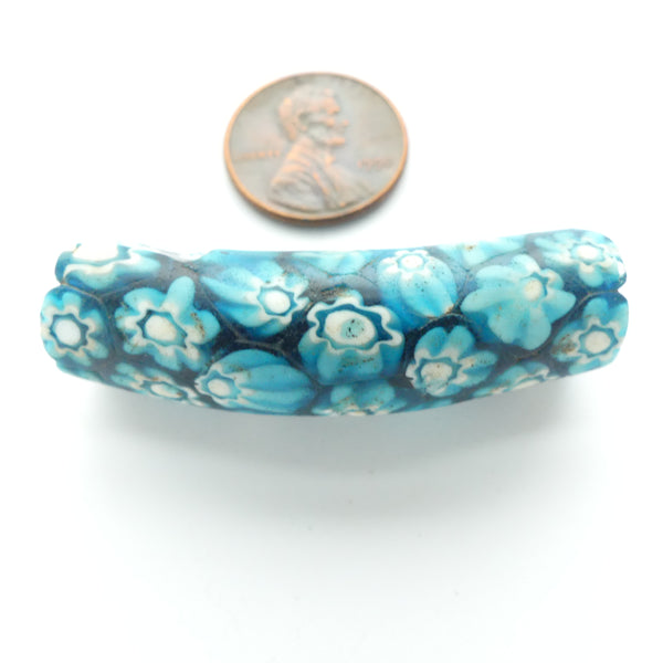 Millefiori Antique Venetian Trade Bead, Elbow Covered with Turquoise Flowers, 44x12mm