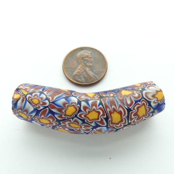 Millefiori Trade Bead, Elbow Big Bead, Big Flowers in Amber/Brick/White on Blue, 50x14mm