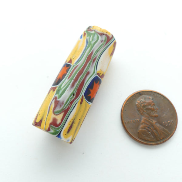 Millefiori Trade Bead, Red Star Murrini on Mosaic Canes Laid Lengthwise, 38x13mm