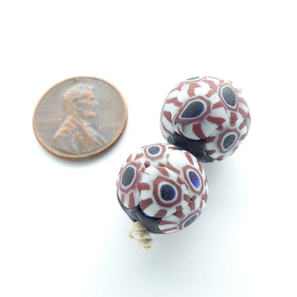 Millefiori Antique Venetian Trade Beads, Rare Round Beads Red/White/Blue, 15mm Diameter, Sold Individually
