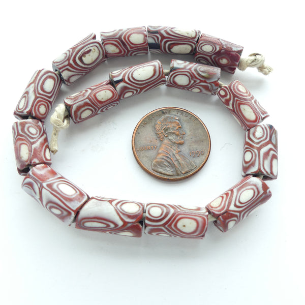 Millefiori Trade Beads, Mini Beads, Brick Red & White Concentric Circles, 12x8mm, Sets of 5
