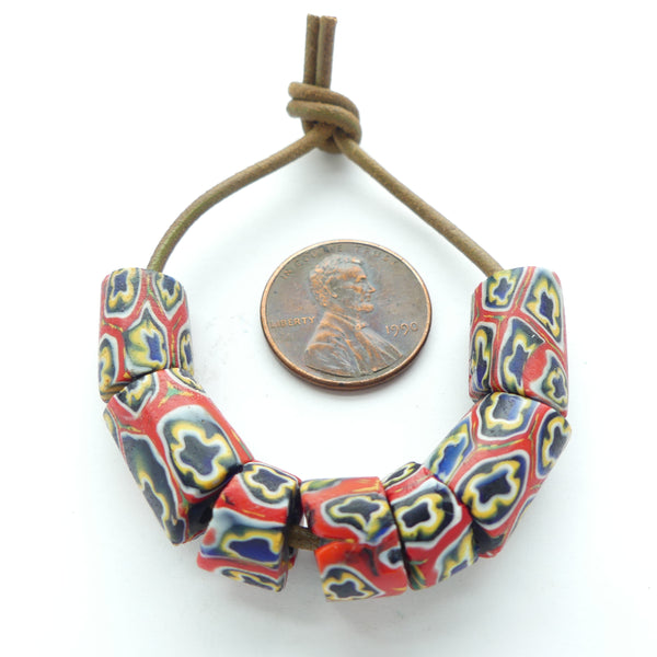 Millefiori Trade Beads, Small Red, White & Blue Flowers, Set of 7