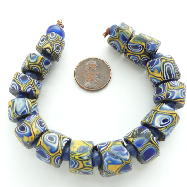 Millefiori Trade Beads, Classic Blue/White/Amber Cased Canes, Sold in Sets of 2 Beads