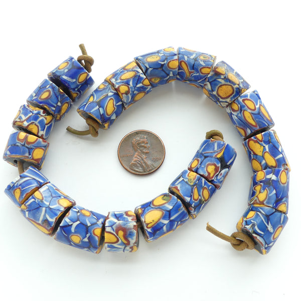 Millefiori Trade Beads, Chunky Short Sections Blue/Brick/Amber, Sold Individually