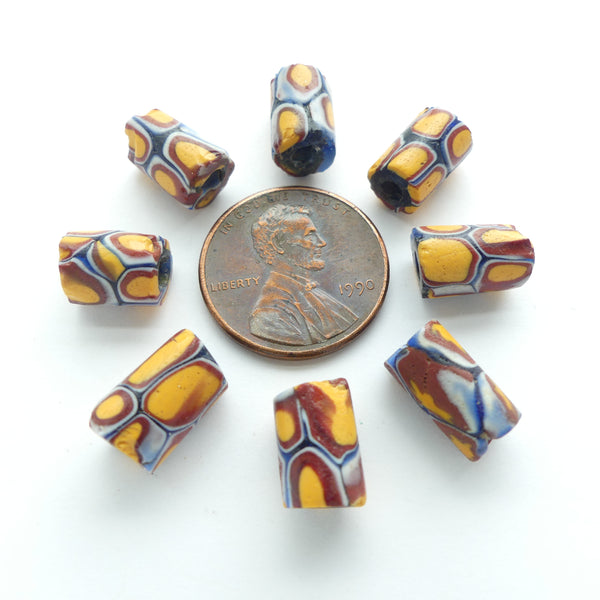 Millefiori Trade Beads, Micro Beads 10x7mm, Amber/Brick & Dark Blue, Sold in Sets of 4