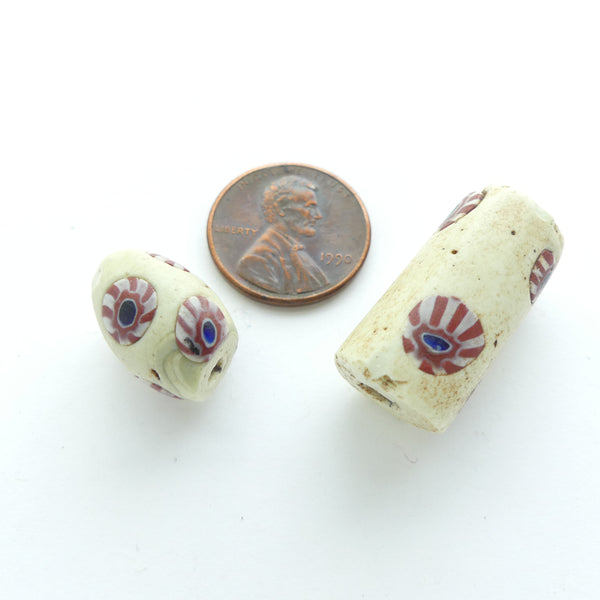 Millefiori Antique Venetian Trade Beads, Collector Set, Bear Paw Design in 2 Shapes, Set of 2