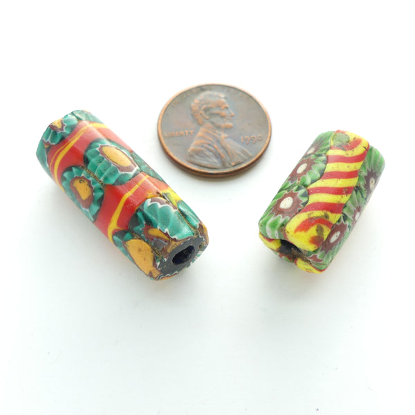 Millefiori Antique Venetian Trade Beads, Teal & Green Chevron Canes w/ Red & Yellow, Set of 2