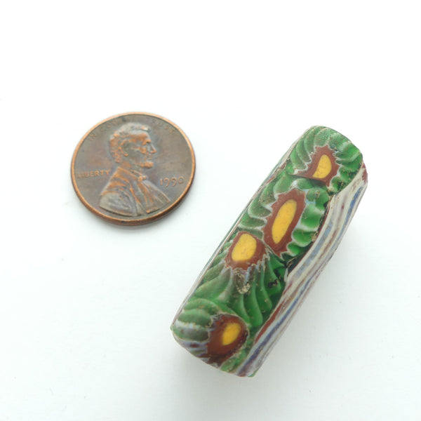 Millefiori Antique Venetian Trade Beads, Green Chevron Mosaic, 32x13mm