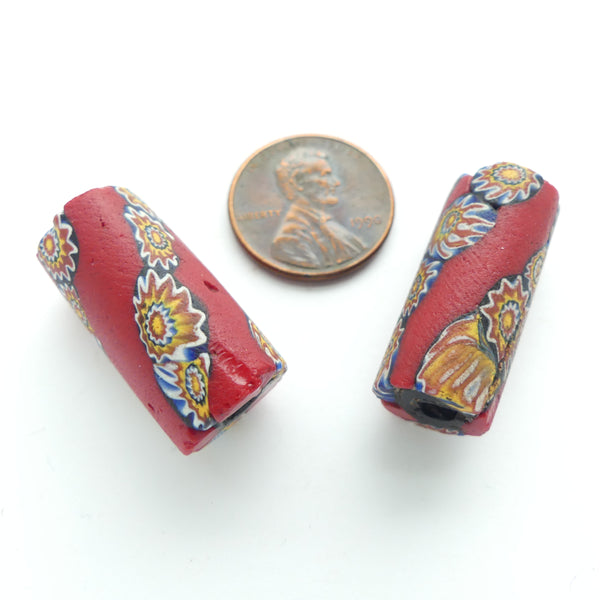 Millefiori Trade Beads, Spiraling Red with Multicolor Chevron Patterns, 25x12mm, Sold Individually