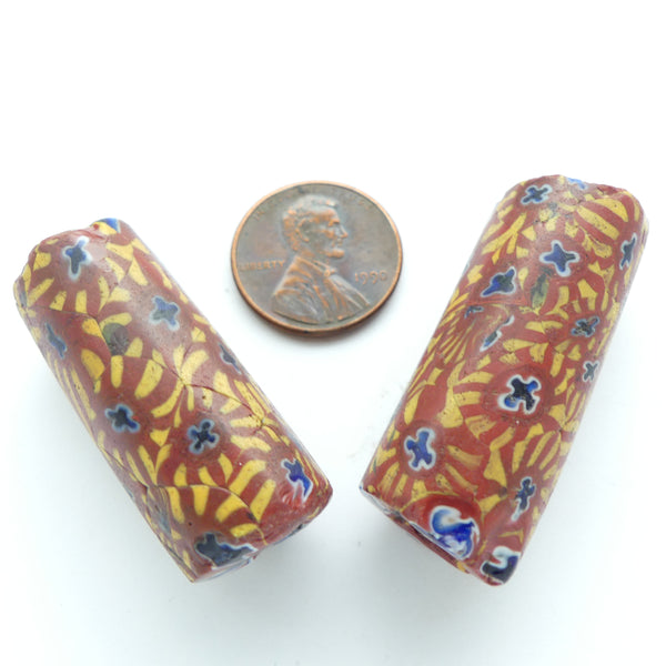 Millefiori Trade Beads, Robust 35x15mm Beads in Warm Tones with Blue Accents, Sold Individually