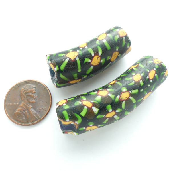 Millefiori Trade Bead, Elbows Green, Black, Amber, Set of 2, Largest 42x14mm
