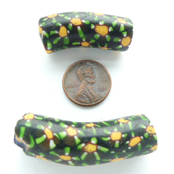 Millefiori Trade Bead, Elbows Green, Black, Amber, Set of 2, Largest 42x14mm