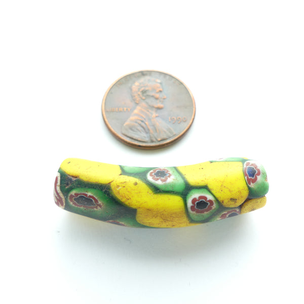 Millefiori Trade Bead, Elbow Small Checkerboard/Spiral In Yellow & Green,  34x9mm