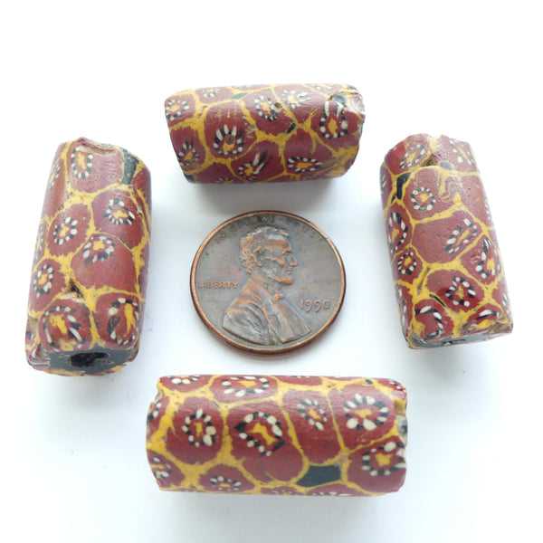 Millefiori Trade Beads, Terracotta & Amber, 25x12mm, Sold Individually