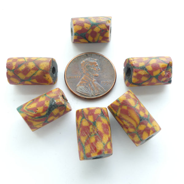 Millefiori Trade Beads, Brick & Amber Small 17x10mm Beads in Sets of 3