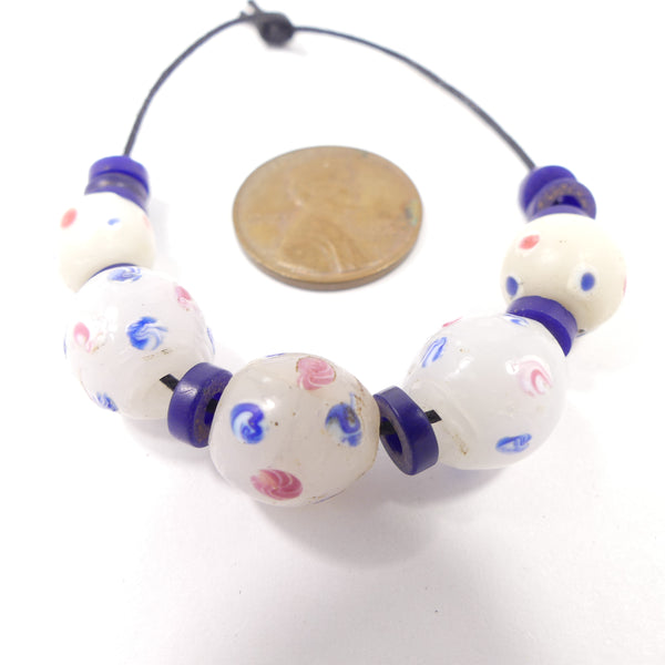 Antique Venetian Lampwork, Moon White Round Beads with Pink & Blue Pinwheels, Set of 5