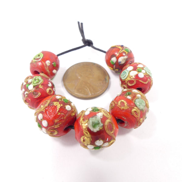 Antique Venetian Lampwork, Red Fancy Wedding Cake Beads, Set of 7