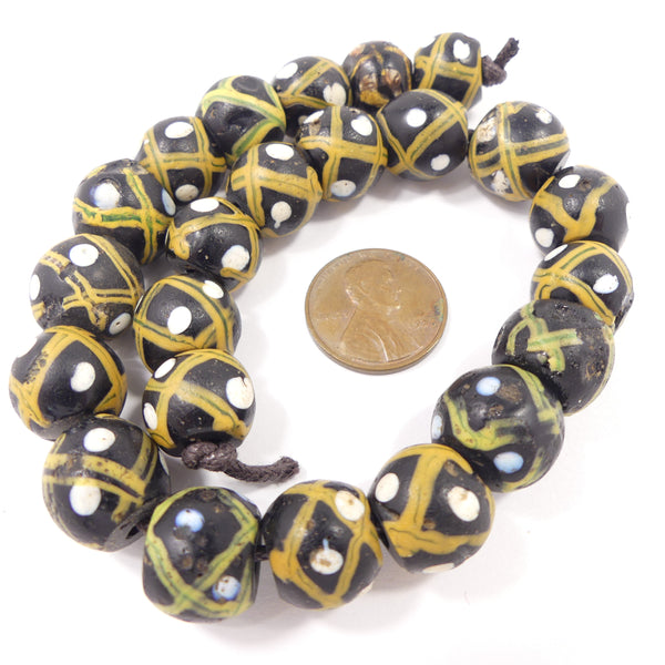 Antique Venetian Lampwork, Round, Black with Amber X & White Dot, 12mm Diameter,  Sold Individually
