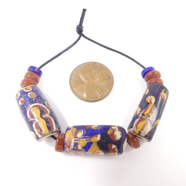 Antique Venetian Lampwork, White Core Blue Beads with White, Brick & Amber, Set of 3