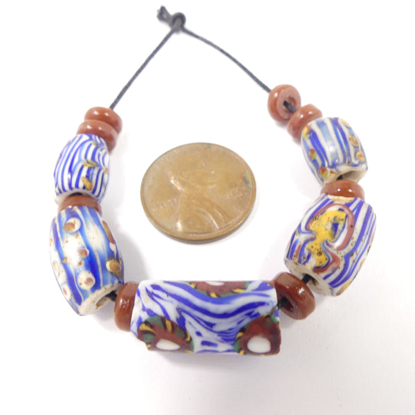 Antique Venetian Lampwork, White Core with Blue, Amber & Brick, Set of 5