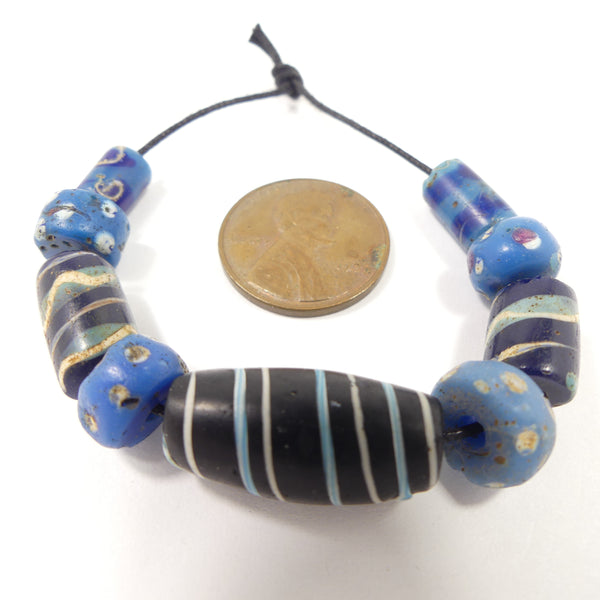 Antique Venetian Lampwork, Collector/Designer Set of 9 Black, Blue & Turquoise Beads