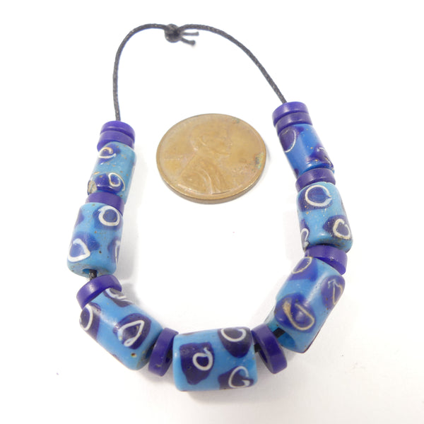 Antique Venetian Lampwork, Turquoise Mini Beads with Black & White Eyes, Set of 7