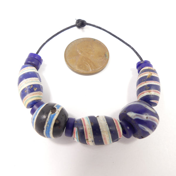 Antique Venetian Lampwork, Black Oblate & Oval beads with Spiral Designs, Set of 5