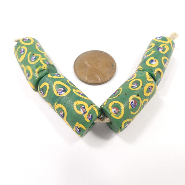 Antique Venetian Lampwork, Green Medium Cylinders with Amber Eye Design,Set of 4