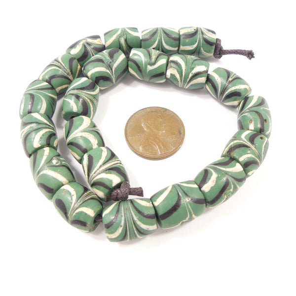 Antique Venetian Lampwork, Green, Black & White Feathered Barrels 12x10mm, Sold Individually