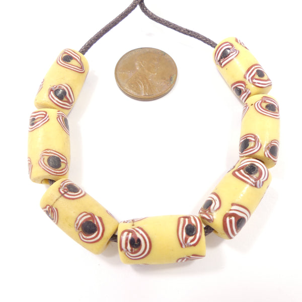 Antique Venetian Lampwork, Yellow with Large Fancy Eyes Black/Brick/White, 20x10mm, Sold Individually
