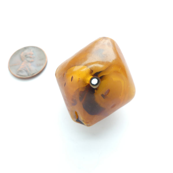 African Amber Antique Diamond Shape Bead with Rare View Inside, 34x30mm