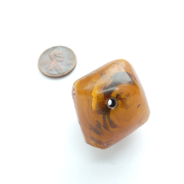 African Amber Antique Diamond Shape Bead with Rare View Inside, 34x30mm