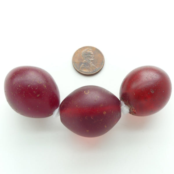 Bohemian, Molded Oval, Red "Cherry Tomato" Beads, 26x23mm, Sold as a Set of 3