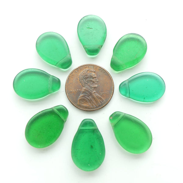 Bohemian, Vintage Flat Pear Shape Beads, Green 12x18mm in Sets of 8 Beads